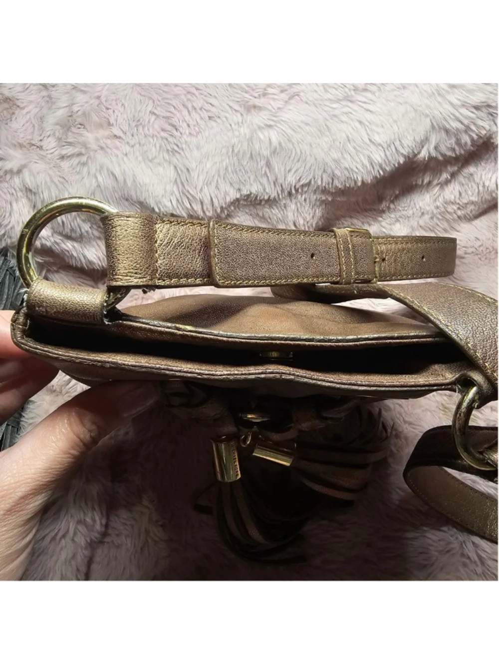 Michael Kors Metallic Gold Leather Crossbody Bag with Braided Tassel Accent